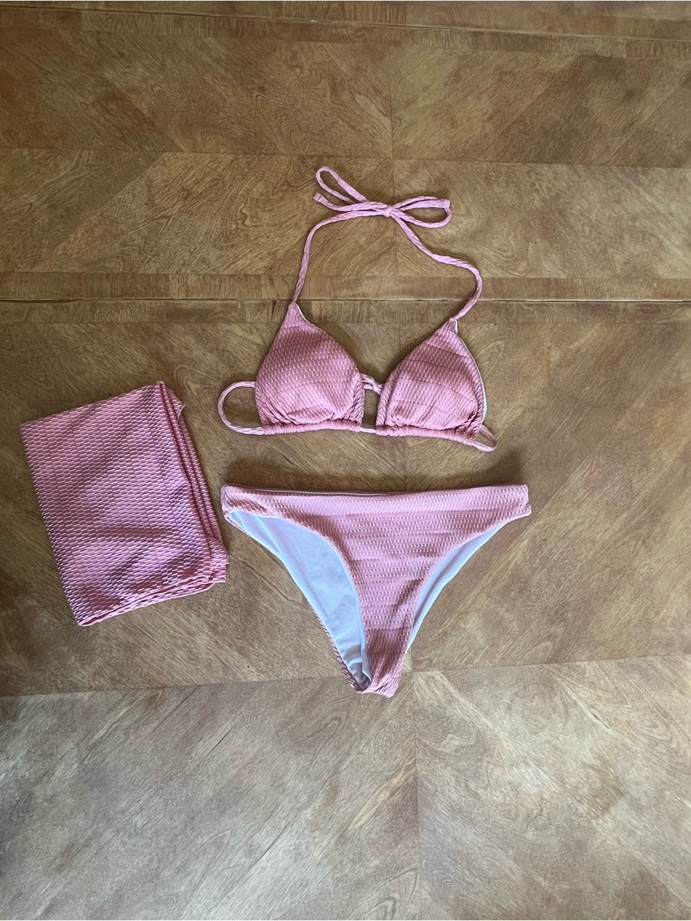SHEIN 3-Piece Bikini Set w/ Wrap Skirt Small – Dusty Pink Textured